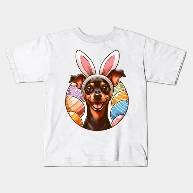 Miniature Pinscher's Joyful Easter with Bunny Ears Kids T-Shirt by ArtRUs